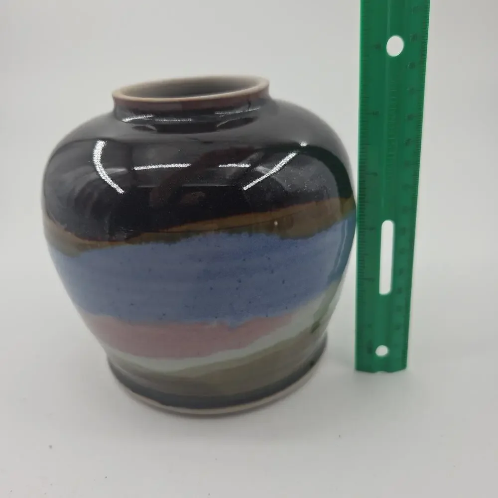 Signed‎ Studio Pottery Vase Drip Glaze Blue Brown Mauve Modern Art Pottery 5.5